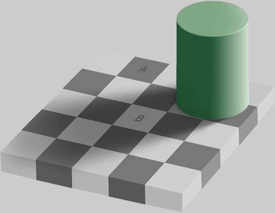 un échiquier sur lequel se trouve un tube créant de l'ombre. Une case contient la lettre A, une autre la lettre B